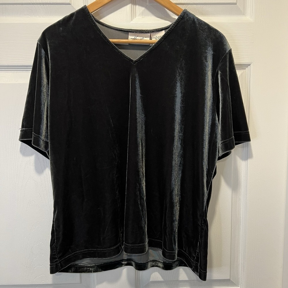 VTG KATHIE LEE Soft VELVET/VELOUR Greenish Gray V-NECK Pullover BLOUSE/TOP Sz XL
